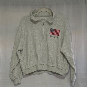 Hollister Gray USA Flag Quarter-Zip Cropped Sweatshirt